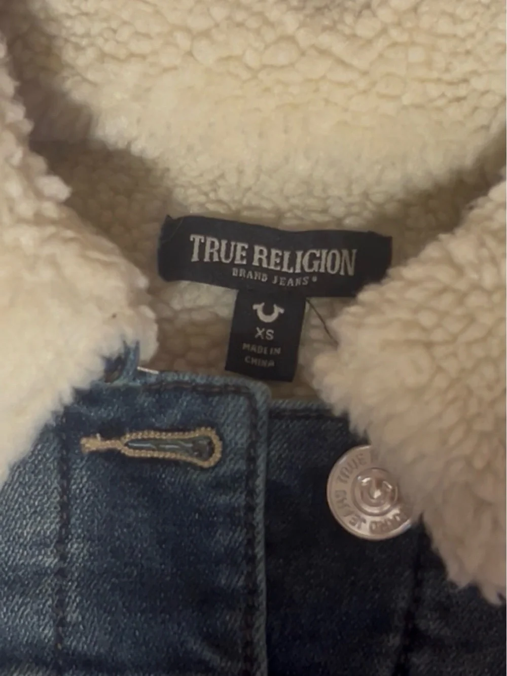 True Religion Blue Denim Vest with White Sherpa Collar